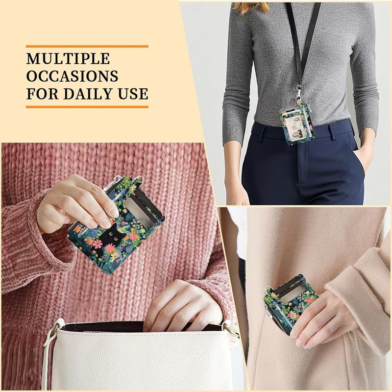 Hancynir Slim Wallet Women Credit Card Holder Flower Black Cat Green RFID Small Mini Card Case Front Pocket PU Leather Thin Travel Zipper Coin Cash ID Window Girls Wallet Gifts - Image 3
